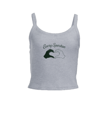 A heather gray ribbed tank top with the black text 