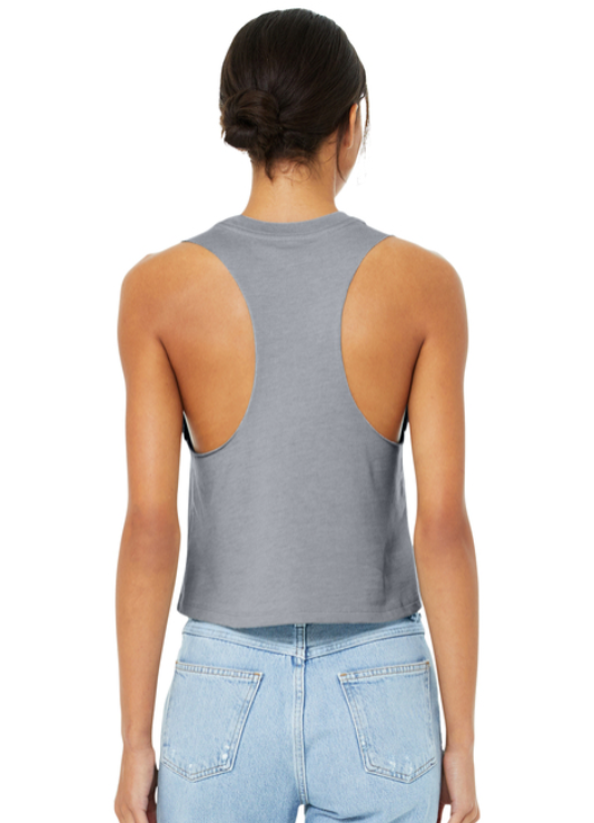 A heather grey sleeveless shirt featuring the green script text 