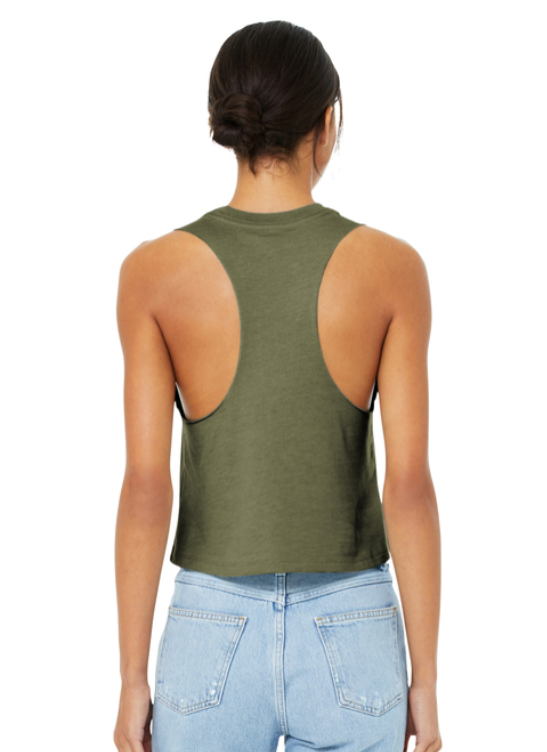 Olive green sleeveless shirt with white text: 