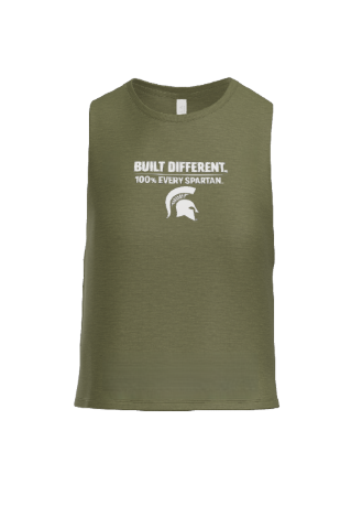 Olive green sleeveless shirt with white text: 