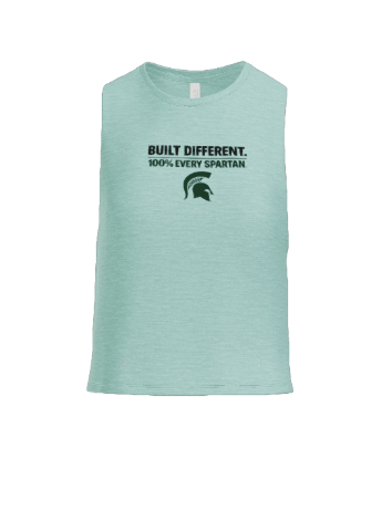 Light blue sleeveless tank top with dark green text that reads, 