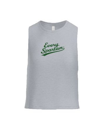 A heather grey sleeveless shirt featuring the green script text 