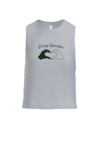 A grey sleeveless tank top featuring the text 