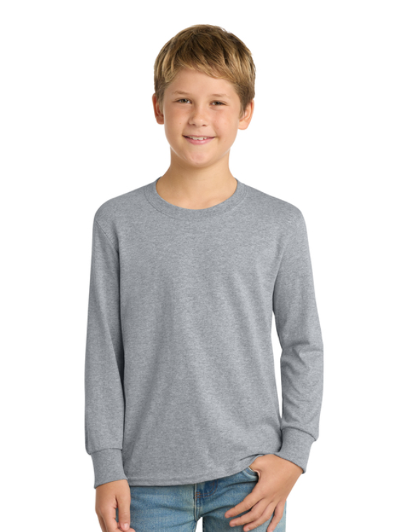 Gray long-sleeve shirt with green text and Spartan helmet logo. Text reads: 