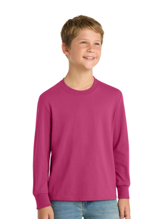 Pink long-sleeved shirt with green Spartan logo and text: 