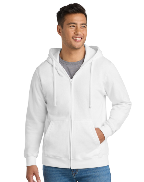 A white zip-up hooded sweatshirt with a small, dark green Michigan State University Spartan helmet logo on the chest.