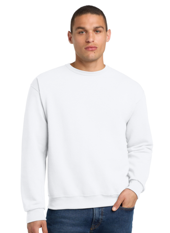 White crewneck sweatshirt featuring 