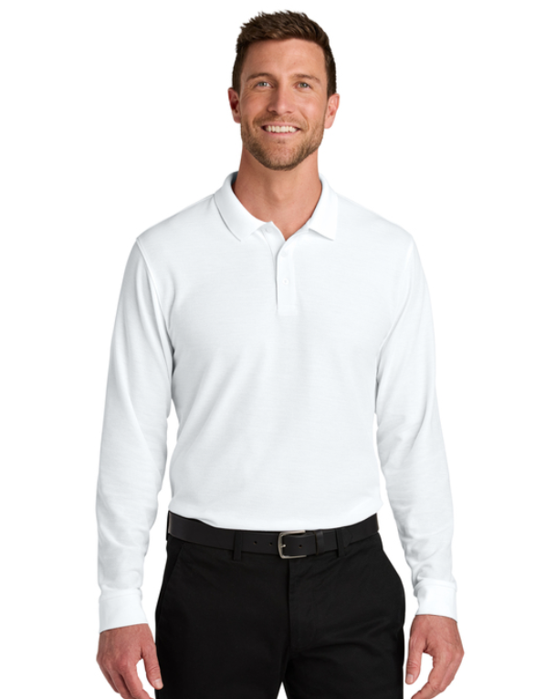 White long-sleeved polo shirt with a collar and green text that says 