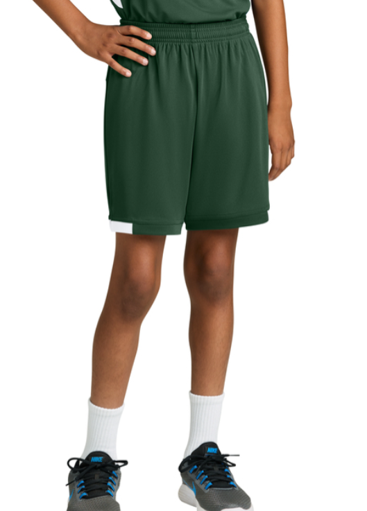 Green athletic shorts with white trim and text 