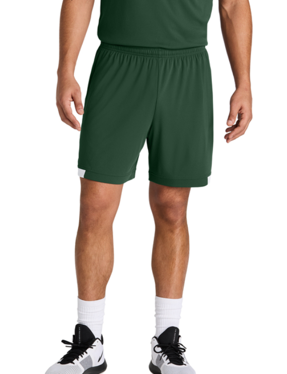 Green athletic shorts with white trim and 