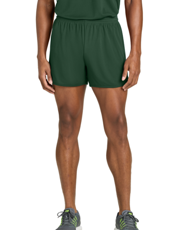 Dark green athletic shorts featuring white 