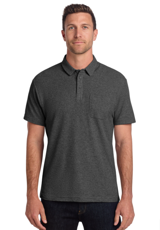 A dark gray heathered polo shirt with a breast pocket featuring the white embroidered logo 