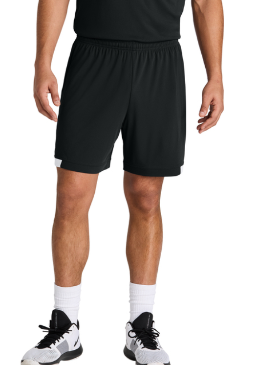 Black athletic shorts featuring a white 
