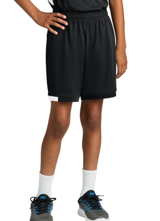 Black athletic shorts with white trim at the hem and a 