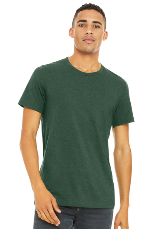 A green heathered T-shirt featuring the white text 