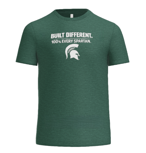 A heather green T-shirt with the white text 