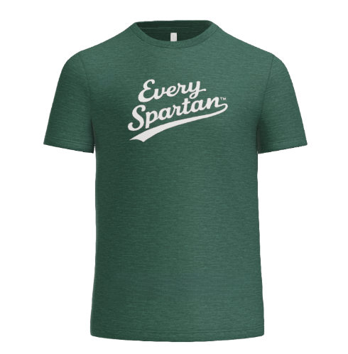 A dark green, heathered-texture crew neck t-shirt featuring the white text 