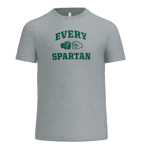 Grey t-shirt featuring the green text 