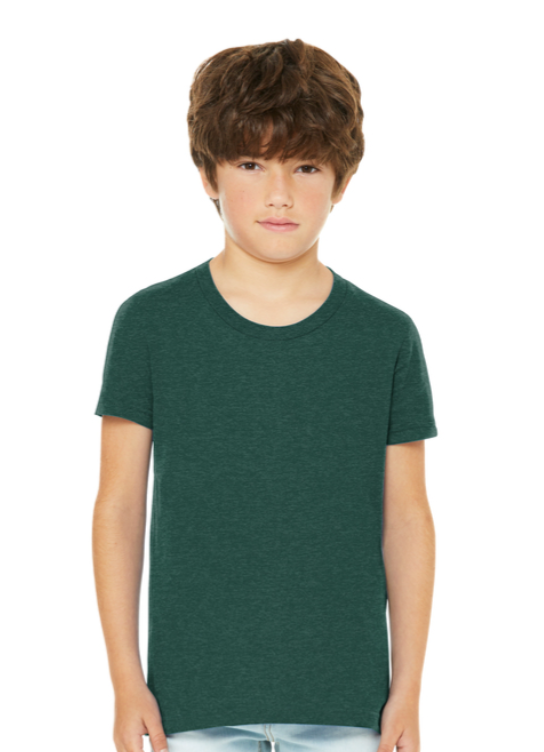 A heather green T-shirt with the white text 