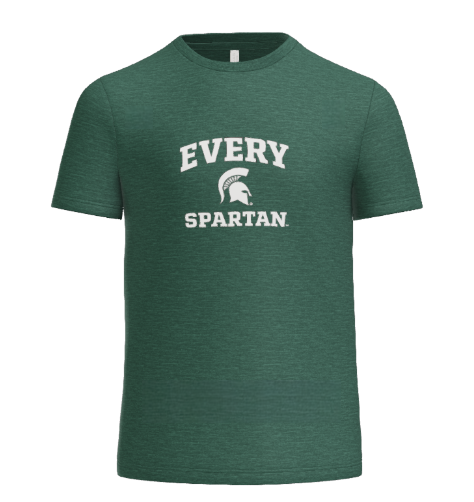 A green heathered T-shirt featuring the white text 