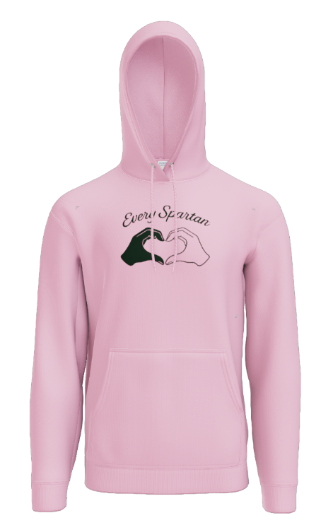 A light pink pullover hoodie featuring a graphic of two hands forming a heart shape with the text 