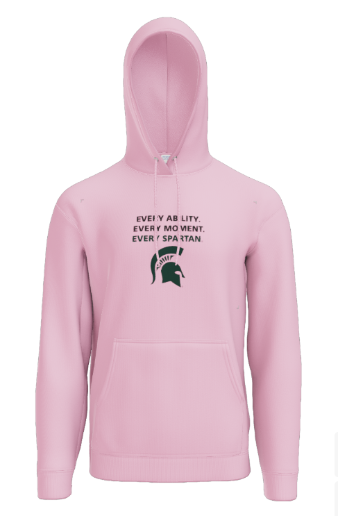 A pink hooded sweatshirt featuring a green Spartan helmet logo and the text 