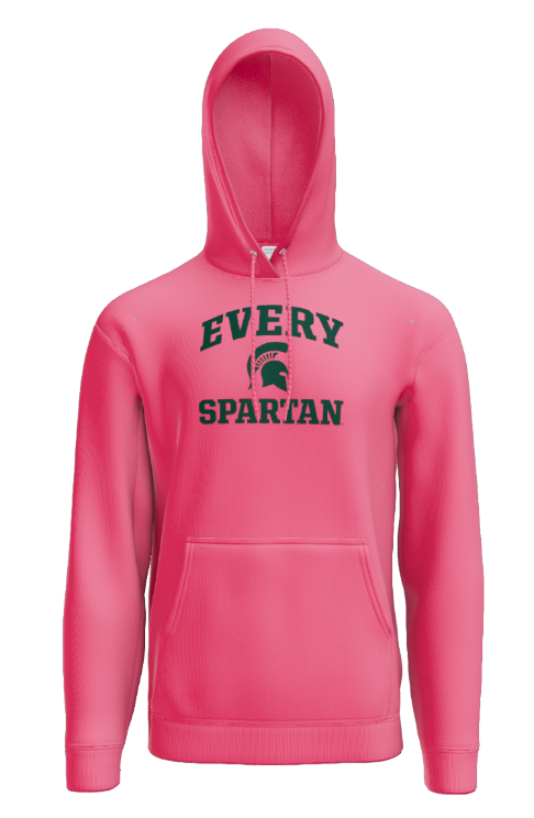 A bright pink hooded sweatshirt with 