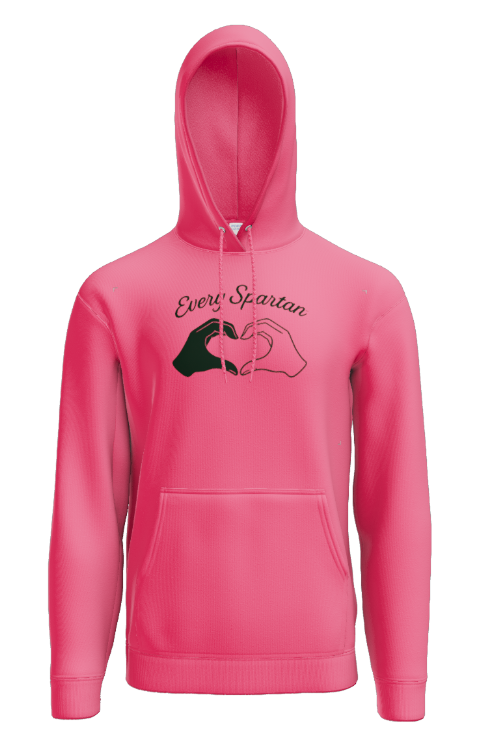 A bright pink hooded sweatshirt with 