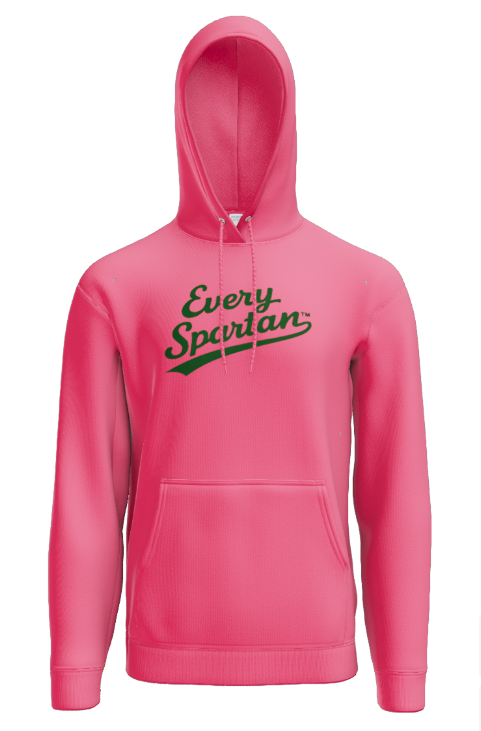Bright pink pullover hoodie with a hood, drawstrings, and a front kangaroo pocket. 