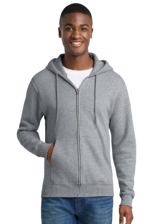 A heather gray, long-sleeved zip-up hoodie with a hood and small green text on the left chest.