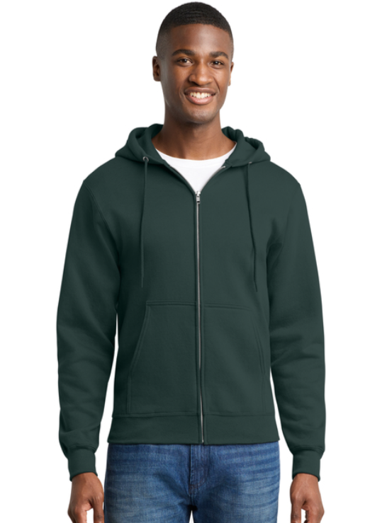 A forest green zip-up hoodie with a white 