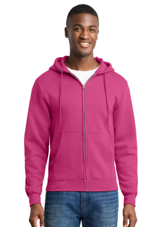 A pink full-zip hoodie with a hood and a small 