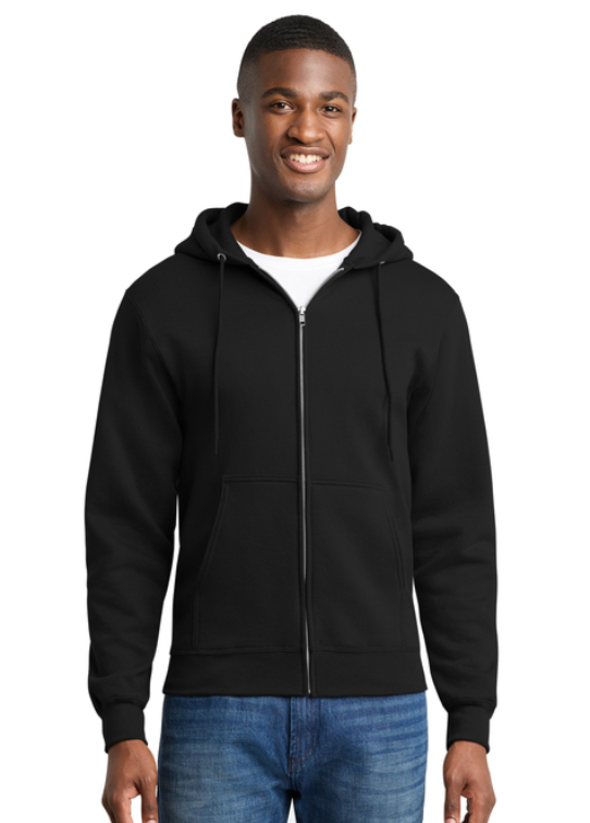 A black zip-up hoodie with a hood and a white logo on the left chest.