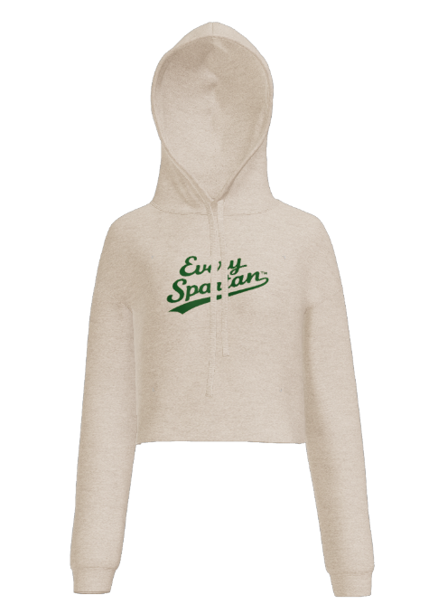 A light oatmeal-colored cropped hoodie featuring the green text 