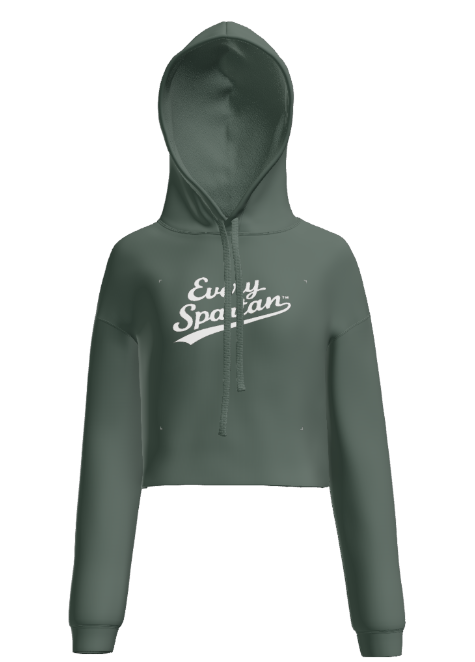 A cropped, olive green hooded sweatshirt with the white text 