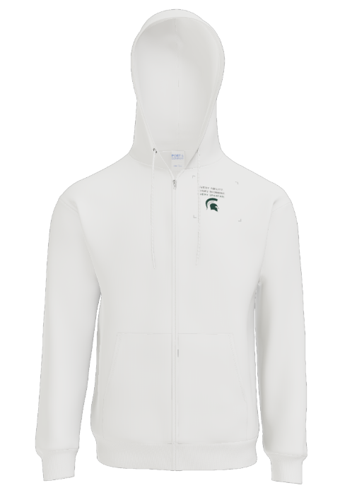 A white zip-up hooded sweatshirt with a small, dark green Michigan State University Spartan helmet logo on the chest.