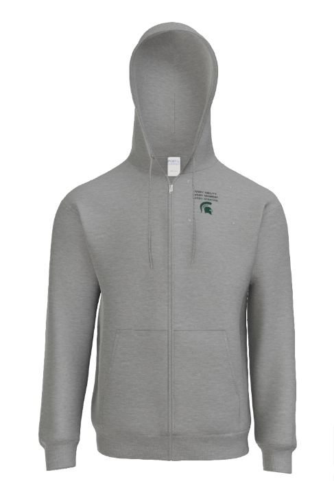 A grey zip-up hoodie featuring a green Michigan State University Spartan helmet logo on the left chest.