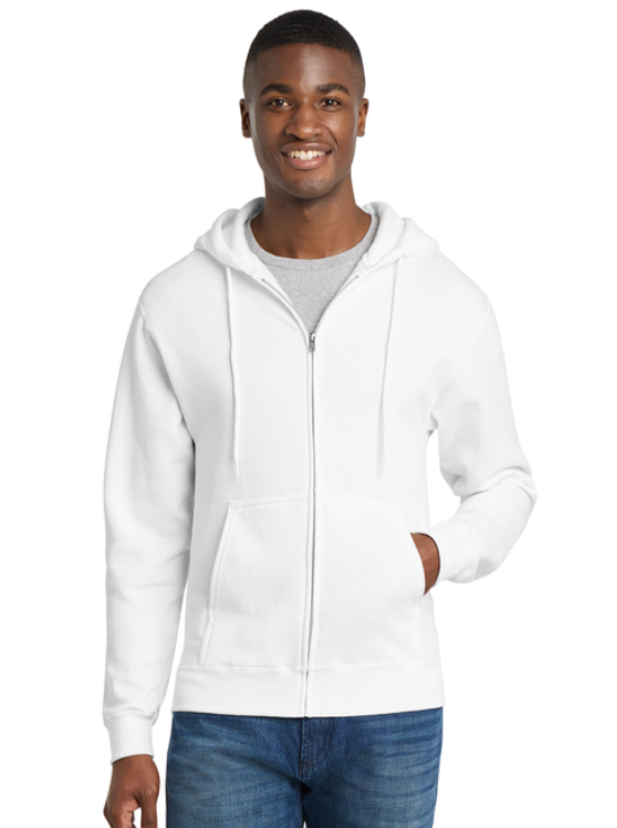 A plain white zip-up hoodie with a small green logo on the upper left chest, centered against a white background.