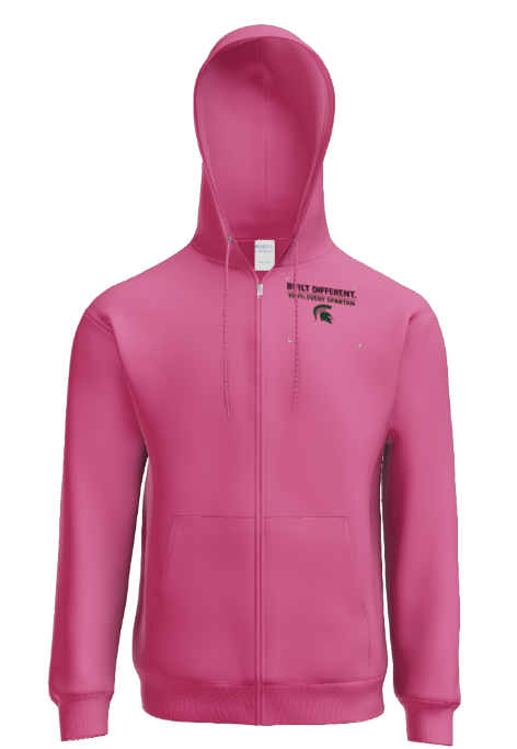 A bright pink zip-up hooded sweatshirt featuring a small black Spartan helmet logo on the left chest.