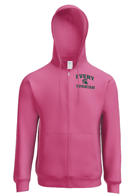 A pink, long-sleeved, zip-up hooded sweatshirt with a small, dark green 