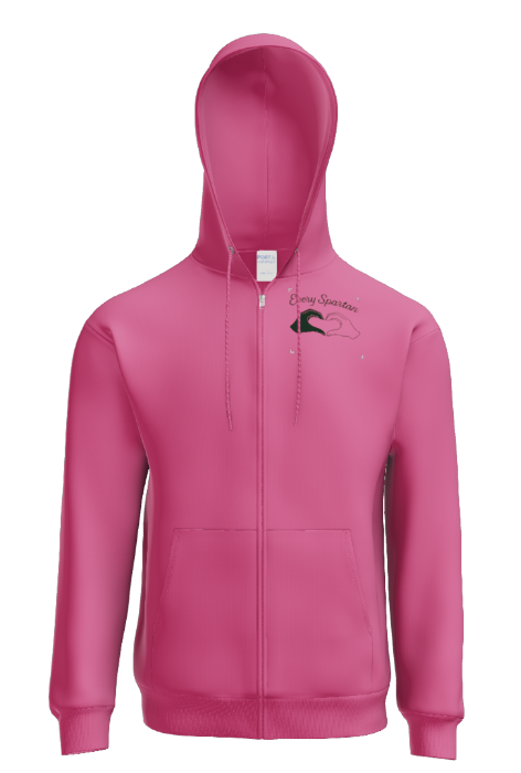 A bright pink, long-sleeved, zip-up hooded sweatshirt with a small heart-shaped logo on the upper left chest.