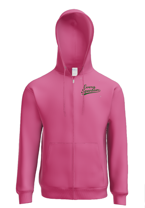 Pink zip-up hooded sweatshirt with the text 