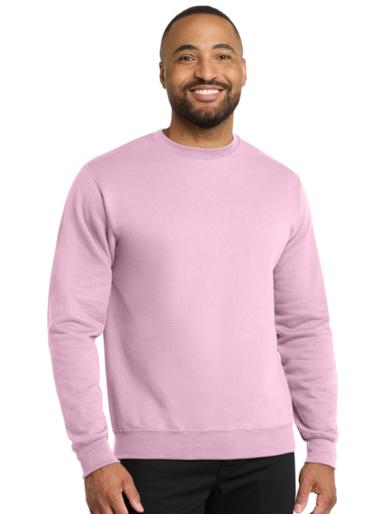 A light pink crewneck sweatshirt with the dark green text 