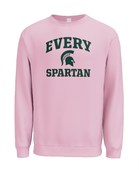 Light pink crewneck sweatshirt with the dark green text 