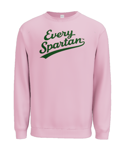 A light pink crewneck sweatshirt with the dark green text 