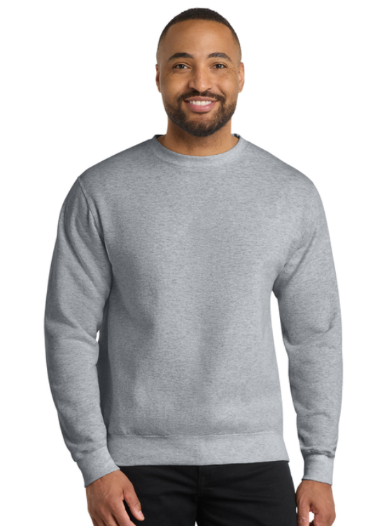 A grey crewneck sweatshirt featuring the words 
