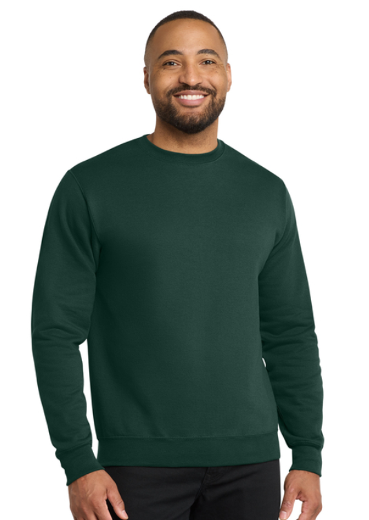 A forest green long-sleeve crewneck sweatshirt with 