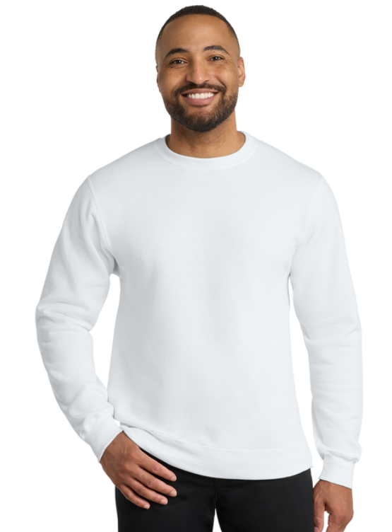 White crewneck sweatshirt featuring 