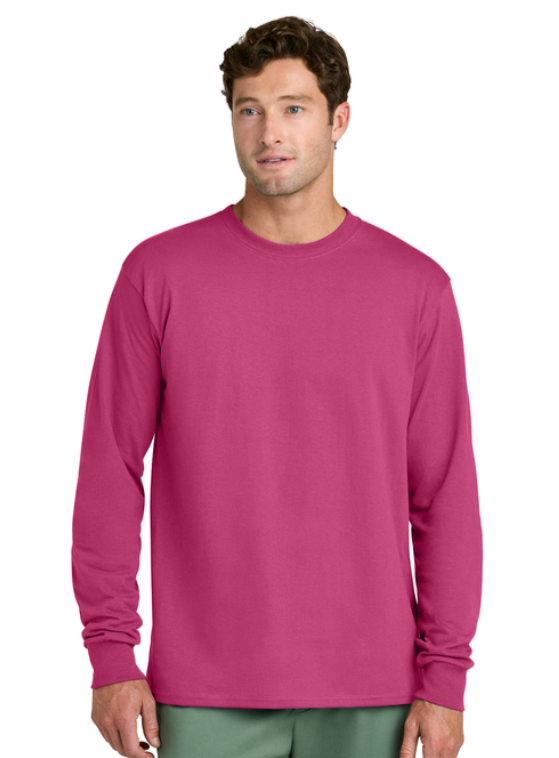 A pink long-sleeved shirt with the text 