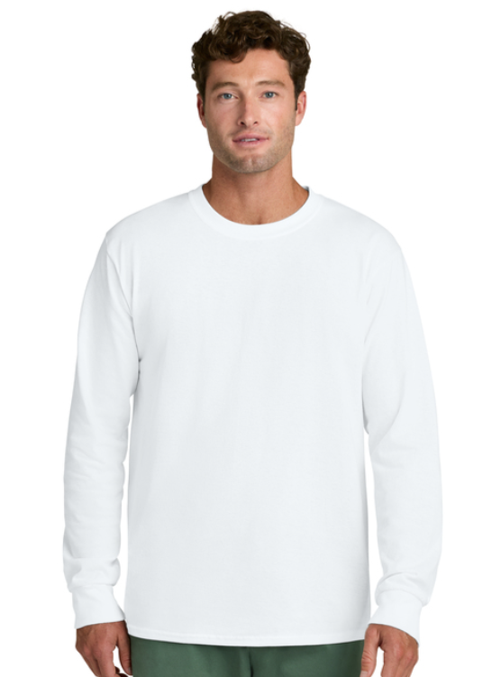 A white long-sleeved crewneck sweatshirt with the text 